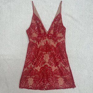 Free People Night Shimmers Lace Sequined Dress in Red